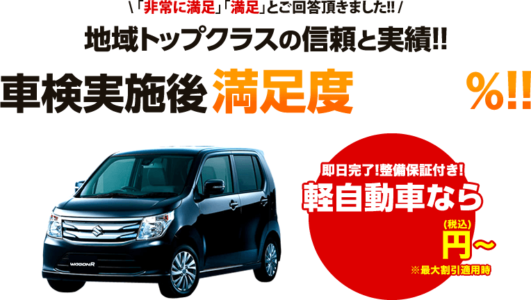 「非常に満足」「満足」とご回答頂きました!! 地域トップクラスの信頼と実績!! 車検実施後満足度97.6%!! 即日完了!整備保証付き! 軽自動車なら35,840円～